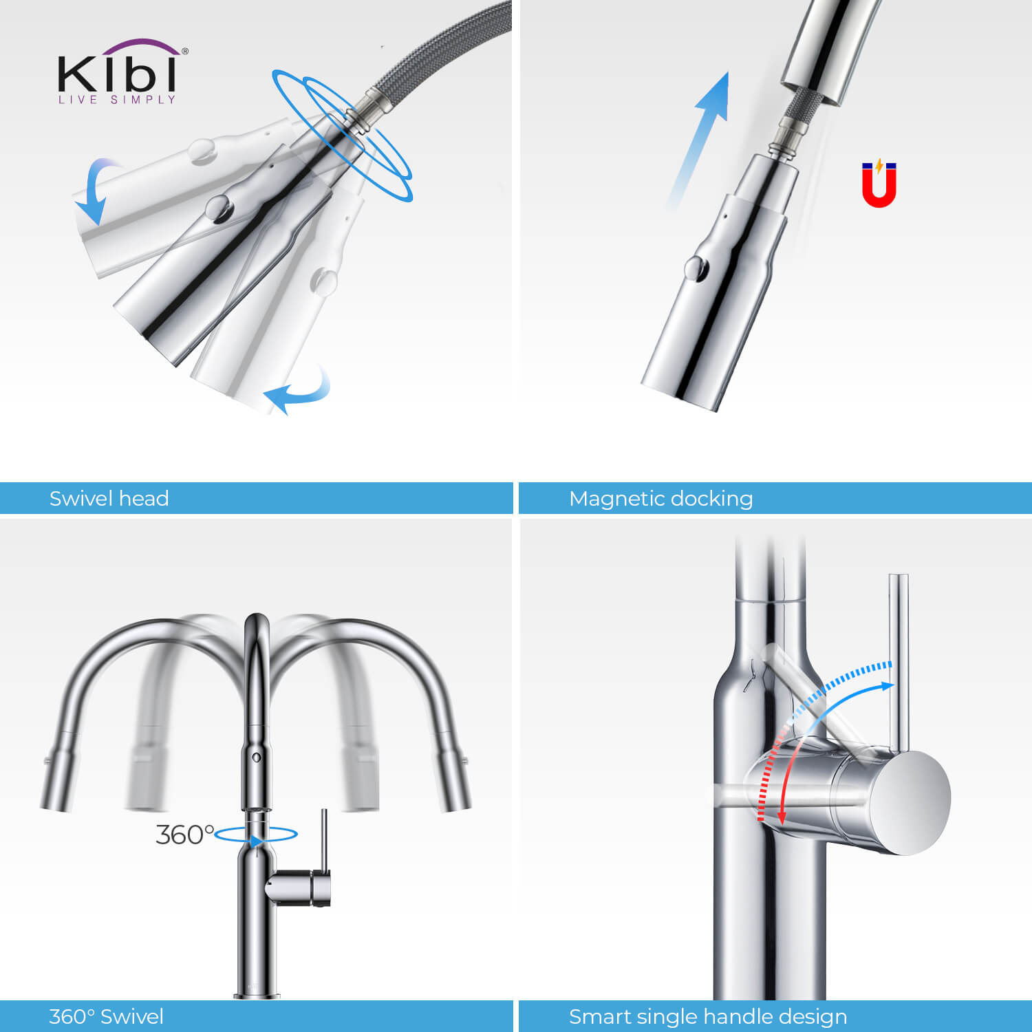 Kibi Hilo Single Handle High Arc Pull Down Kitchen Faucet With Soap Dispenser in Chrome Finish