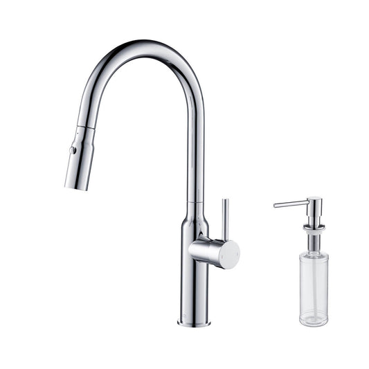 Kibi Hilo Single Handle High Arc Pull Down Kitchen Faucet With Soap Dispenser in Chrome Finish