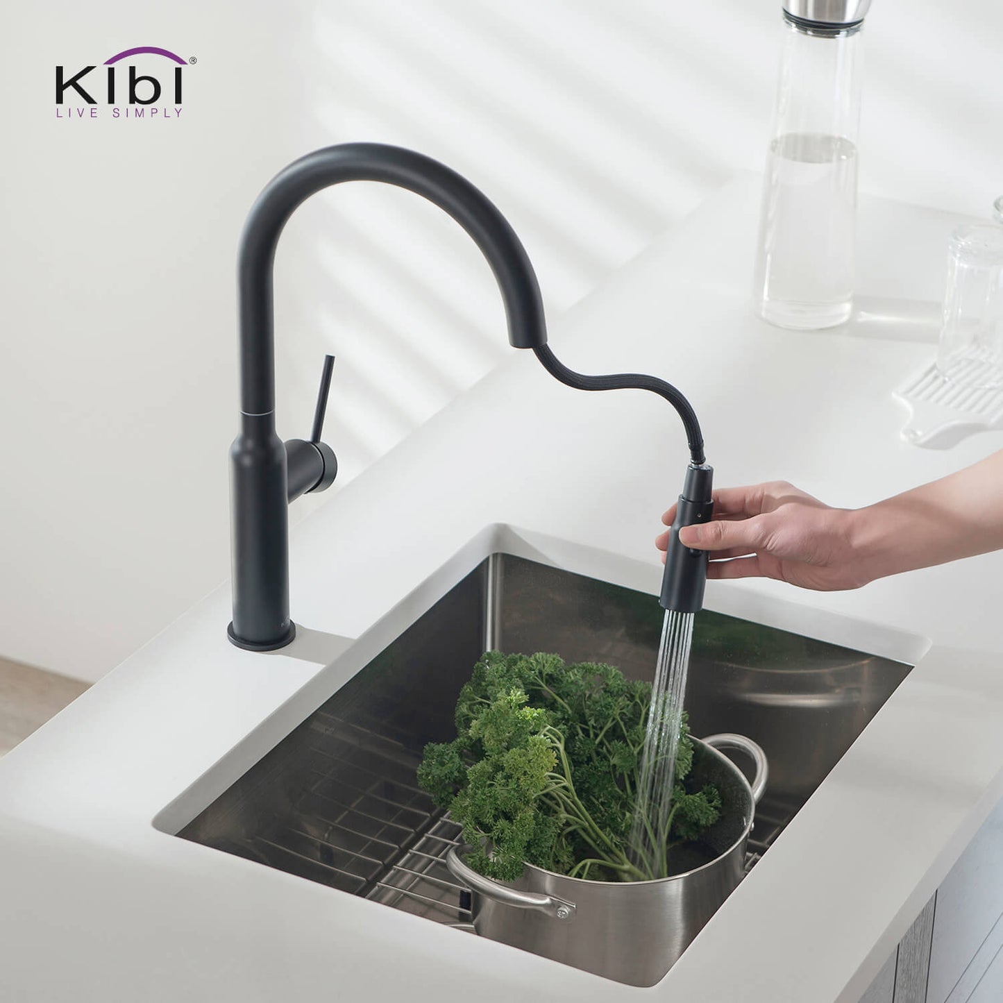 Kibi Hilo Single Handle High Arc Pull Down Kitchen Faucet With Soap Dispenser in Matte Black Finish