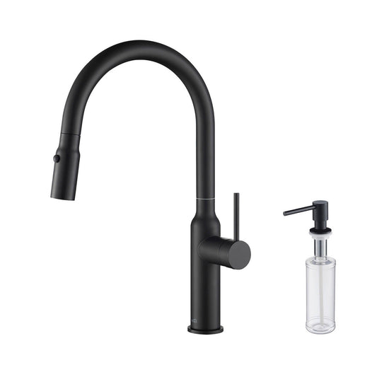 Kibi Hilo Single Handle High Arc Pull Down Kitchen Faucet With Soap Dispenser in Matte Black Finish