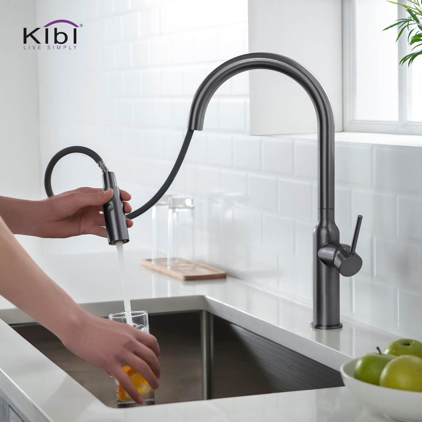 Kibi Hilo Single Handle High Arc Pull Down Kitchen Faucet With Soap Dispenser in Titanium Finish
