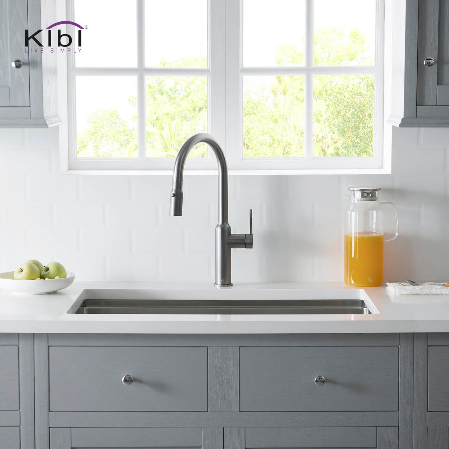 Kibi Hilo Single Handle High Arc Pull Down Kitchen Faucet With Soap Dispenser in Titanium Finish