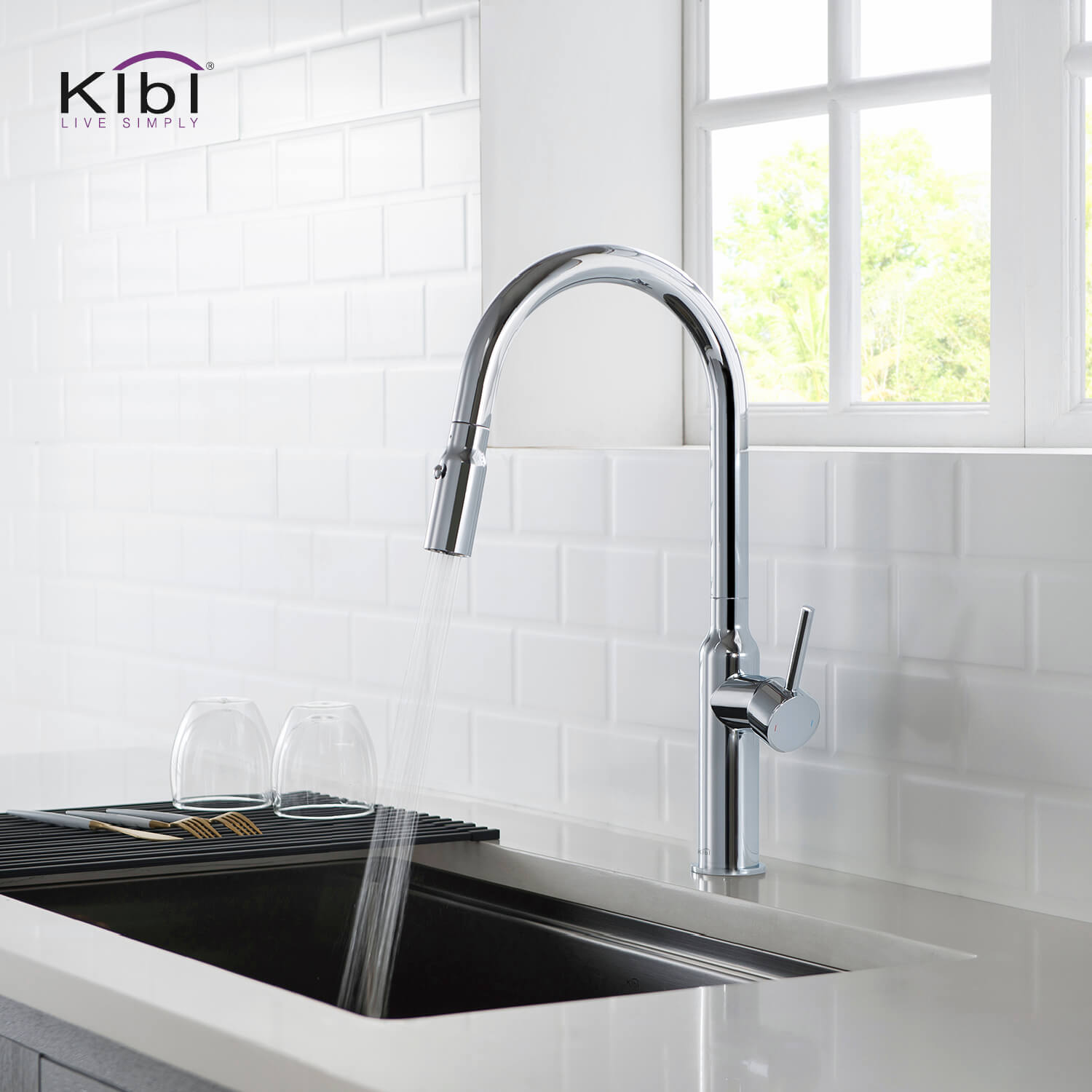 Kibi Hilo Single Handle High Arc Pull Down Kitchen Faucet in Chrome Finish