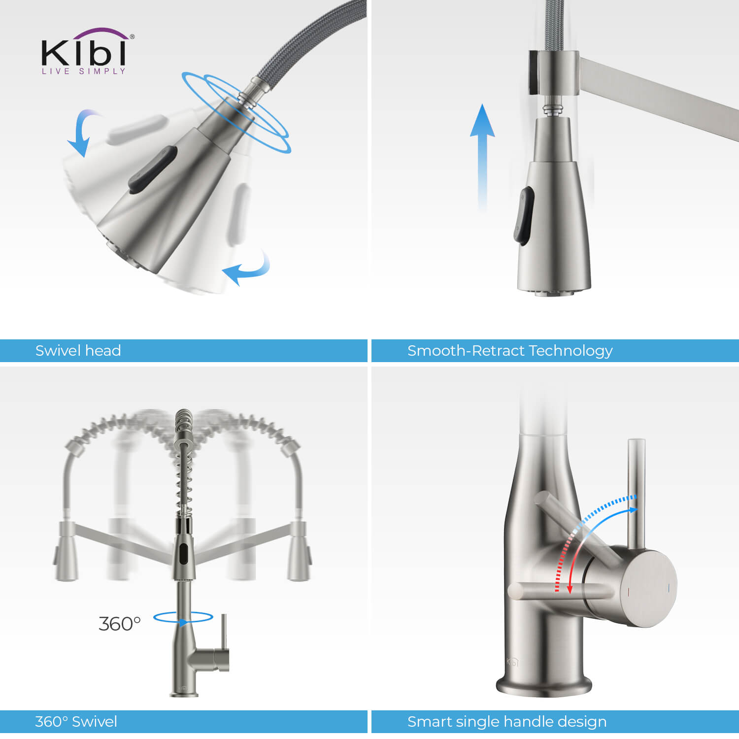 Kibi Largo Single Handle Pull Down Kitchen Faucet With Soap Dispenser in Brushed Nickel Finish