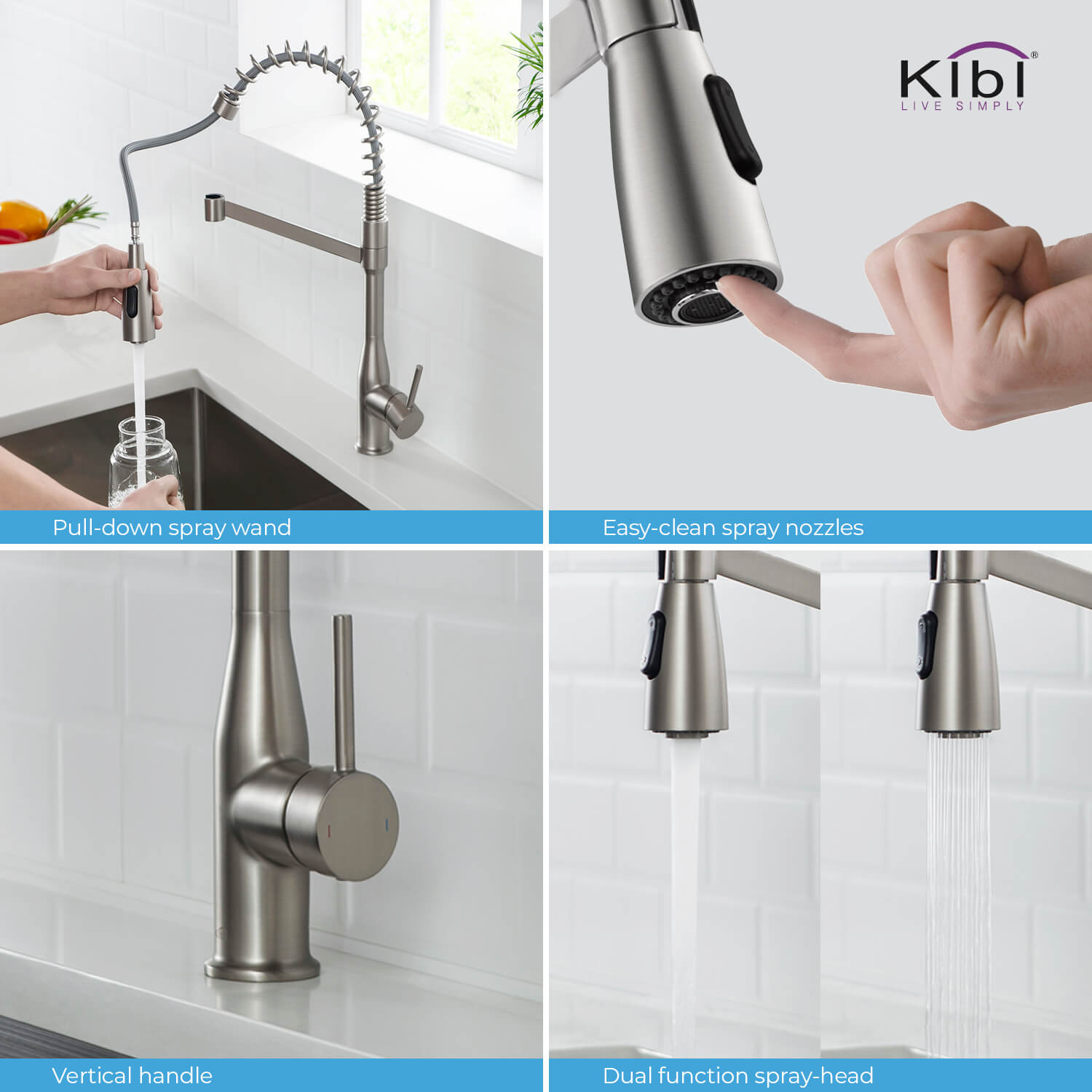 Kibi Largo Single Handle Pull Down Kitchen Faucet With Soap Dispenser in Brushed Nickel Finish