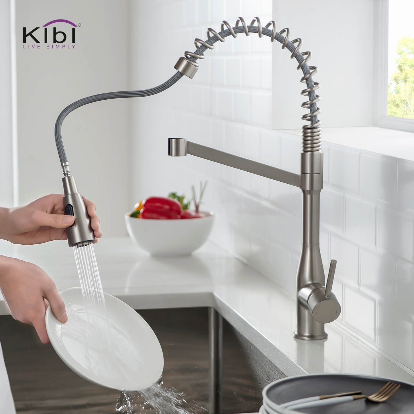 Kibi Largo Single Handle Pull Down Kitchen Faucet With Soap Dispenser in Brushed Nickel Finish