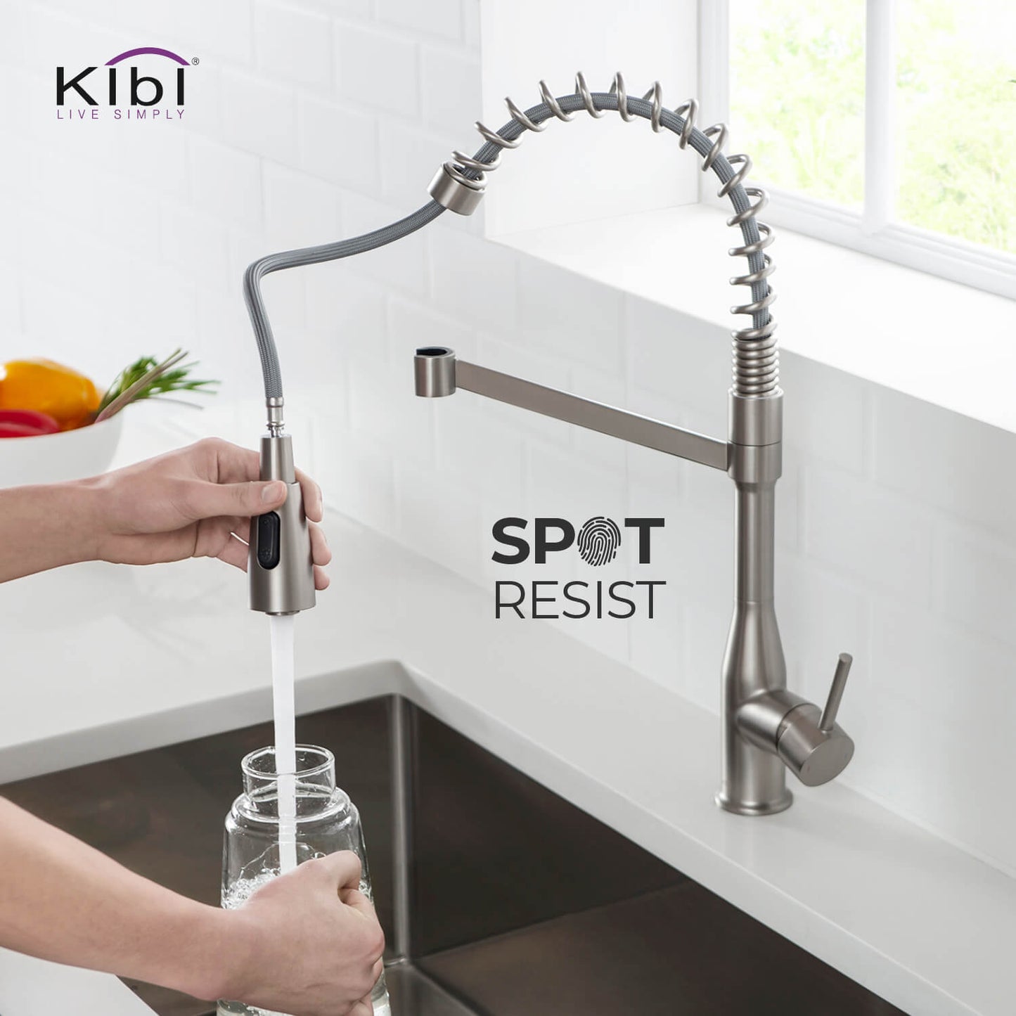 Kibi Largo Single Handle Pull Down Kitchen Faucet With Soap Dispenser in Brushed Nickel Finish