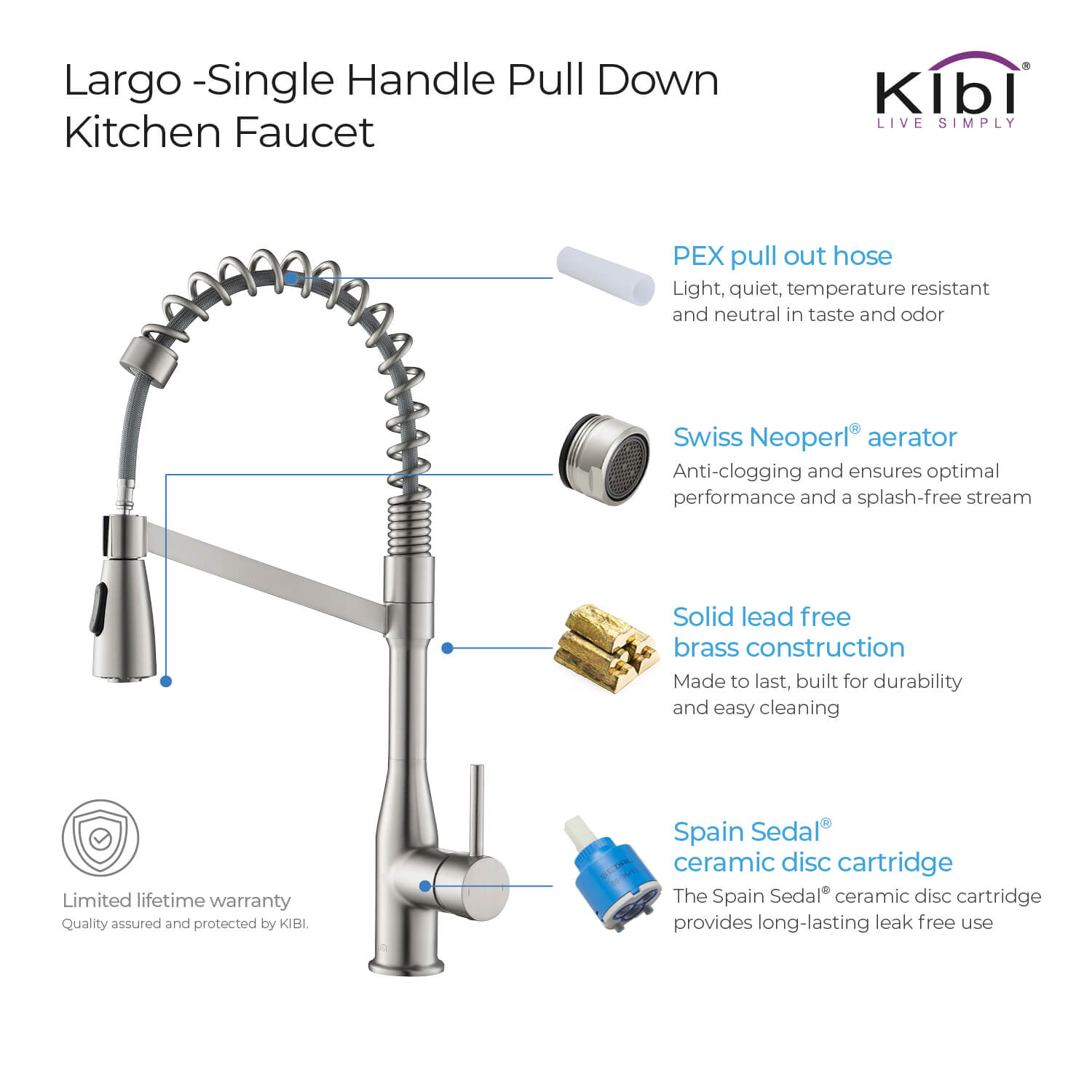 Kibi Largo Single Handle Pull Down Kitchen Faucet With Soap Dispenser in Brushed Nickel Finish