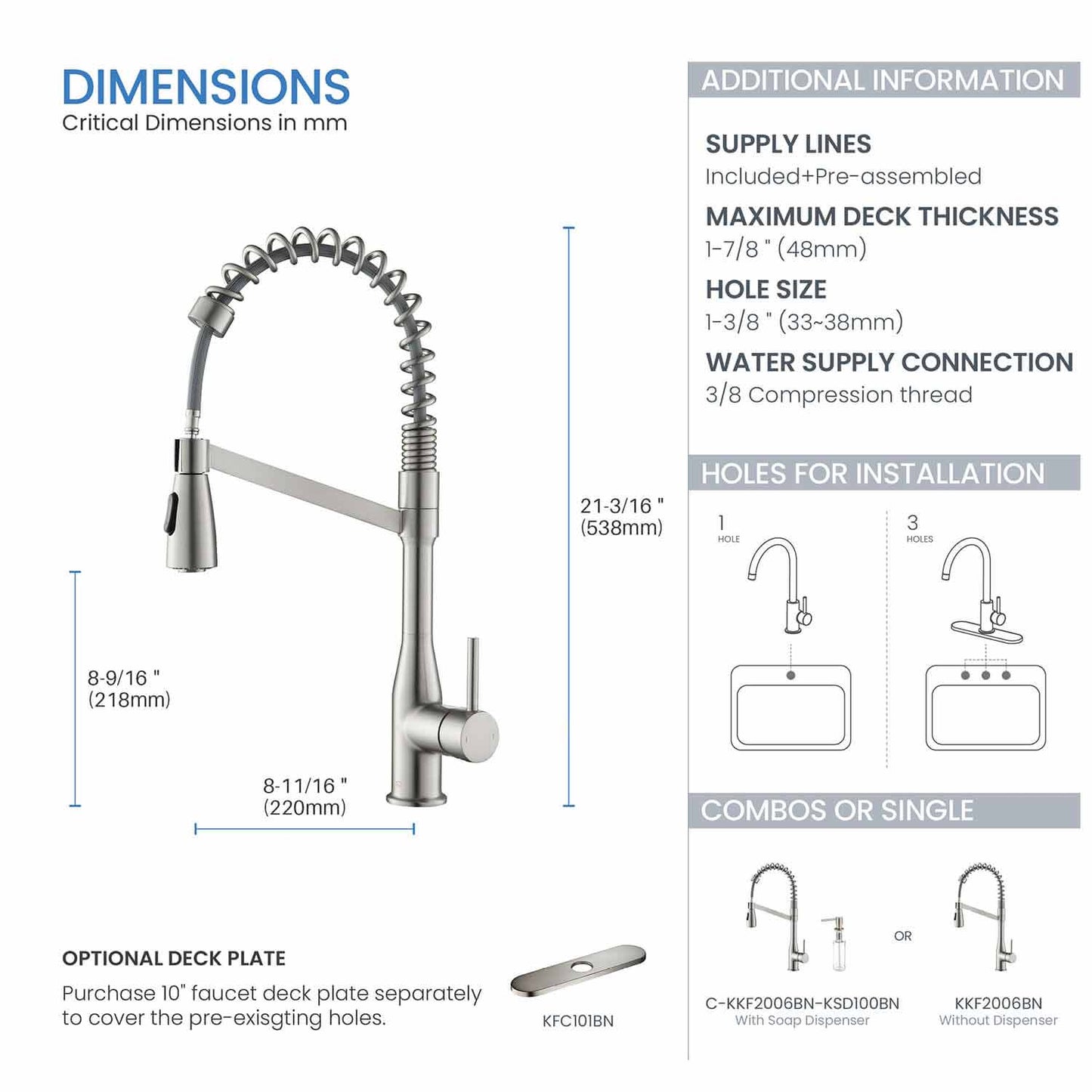 Kibi Largo Single Handle Pull Down Kitchen Faucet With Soap Dispenser in Brushed Nickel Finish