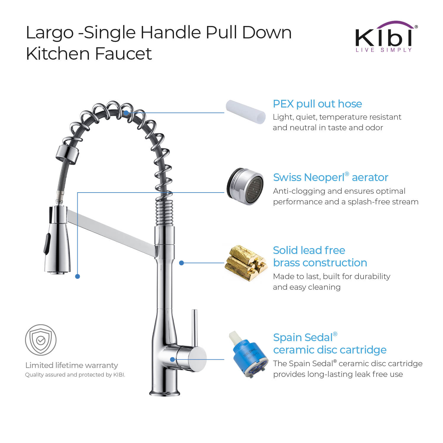 Kibi Largo Single Handle Pull Down Kitchen Faucet in Chrome Finish