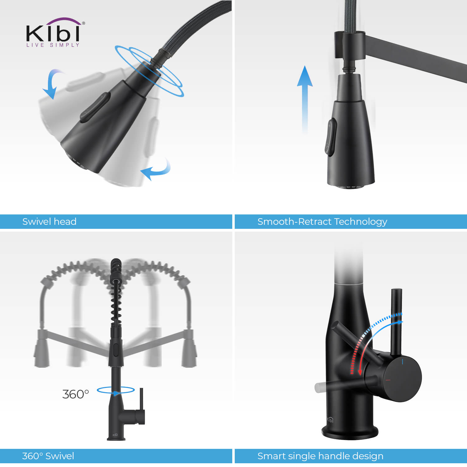 Kibi Largo Single Handle Pull Down Kitchen Faucet in Matte Black Finish