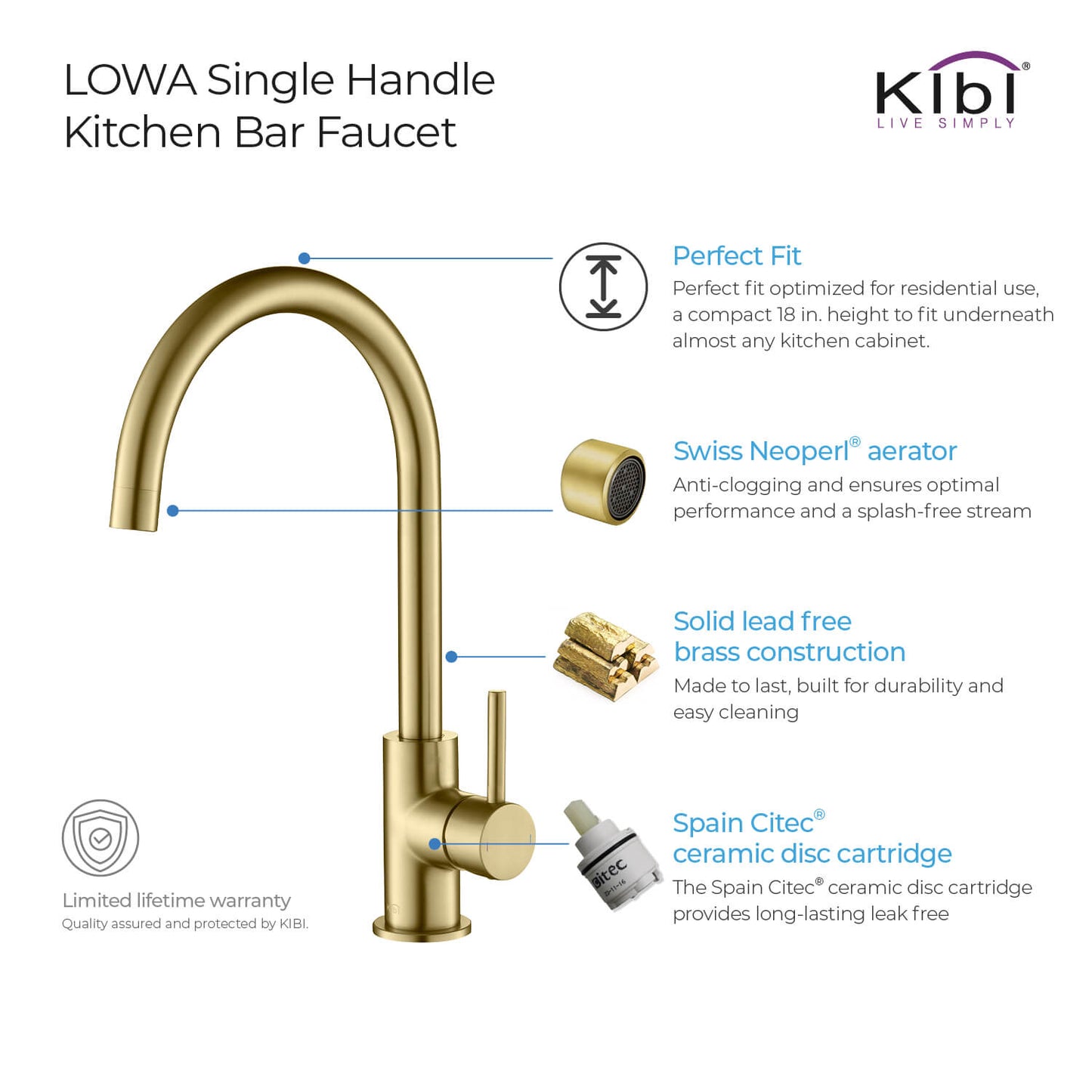 Kibi Lowa Single Handle High Arc Kitchen Bar Sink Faucet With Soap Dispenser in Brushed Gold Finish
