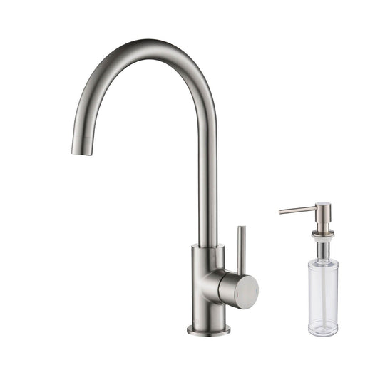 Kibi Lowa Single Handle High Arc Kitchen Bar Sink Faucet With Soap Dispenser in Brushed Nickel Finish