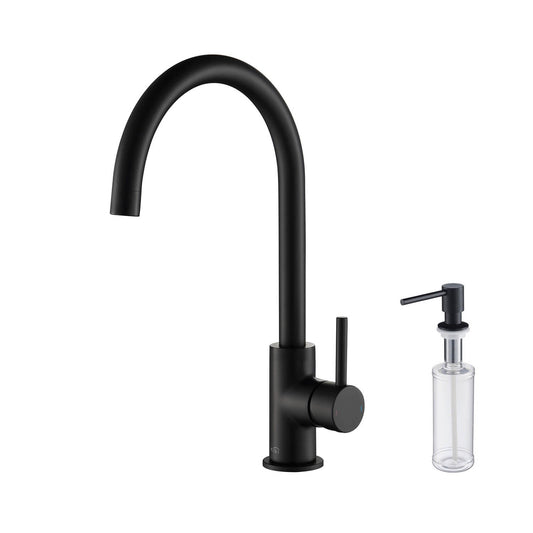 Kibi Lowa Single Handle High Arc Kitchen Bar Sink Faucet With Soap Dispenser in Matte Black Finish