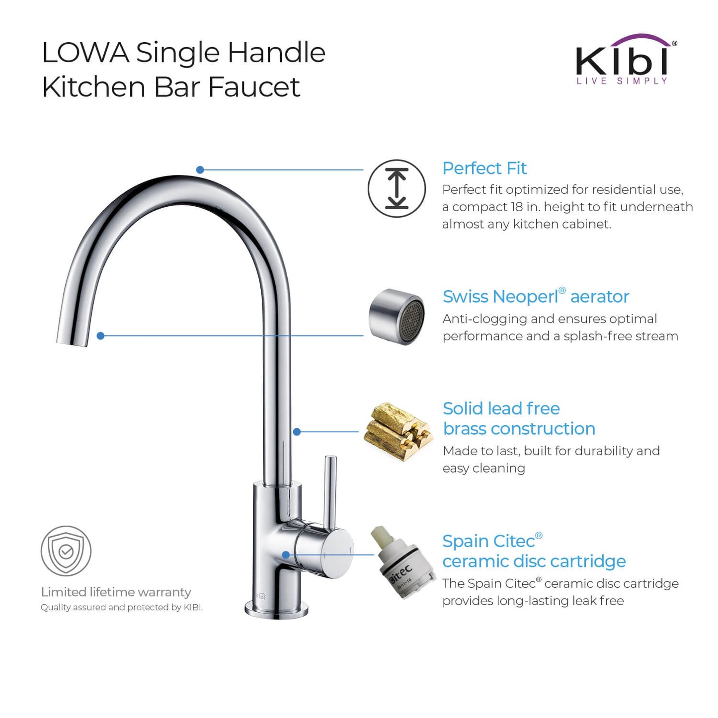 Kibi Lowa Single Handle High Arc Kitchen Bar Sink Faucet in Chrome Finish