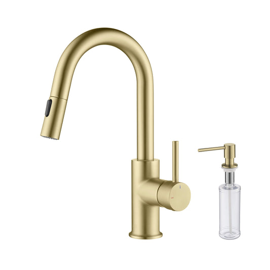 Kibi Luxe Single Handle High Arc Pull Down Kitchen Faucet With Soap Dispenser in Brushed Gold Finish
