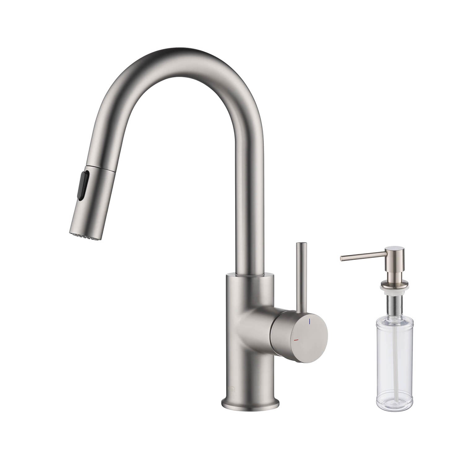 Kibi Luxe Single Handle High Arc Pull Down Kitchen Faucet With Soap Dispenser in Brushed Nickel Finish