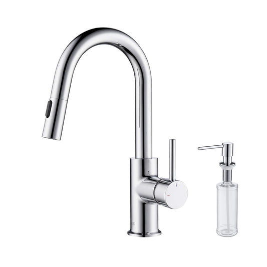 Kibi Luxe Single Handle High Arc Pull Down Kitchen Faucet With Soap Dispenser in Chrome Finish