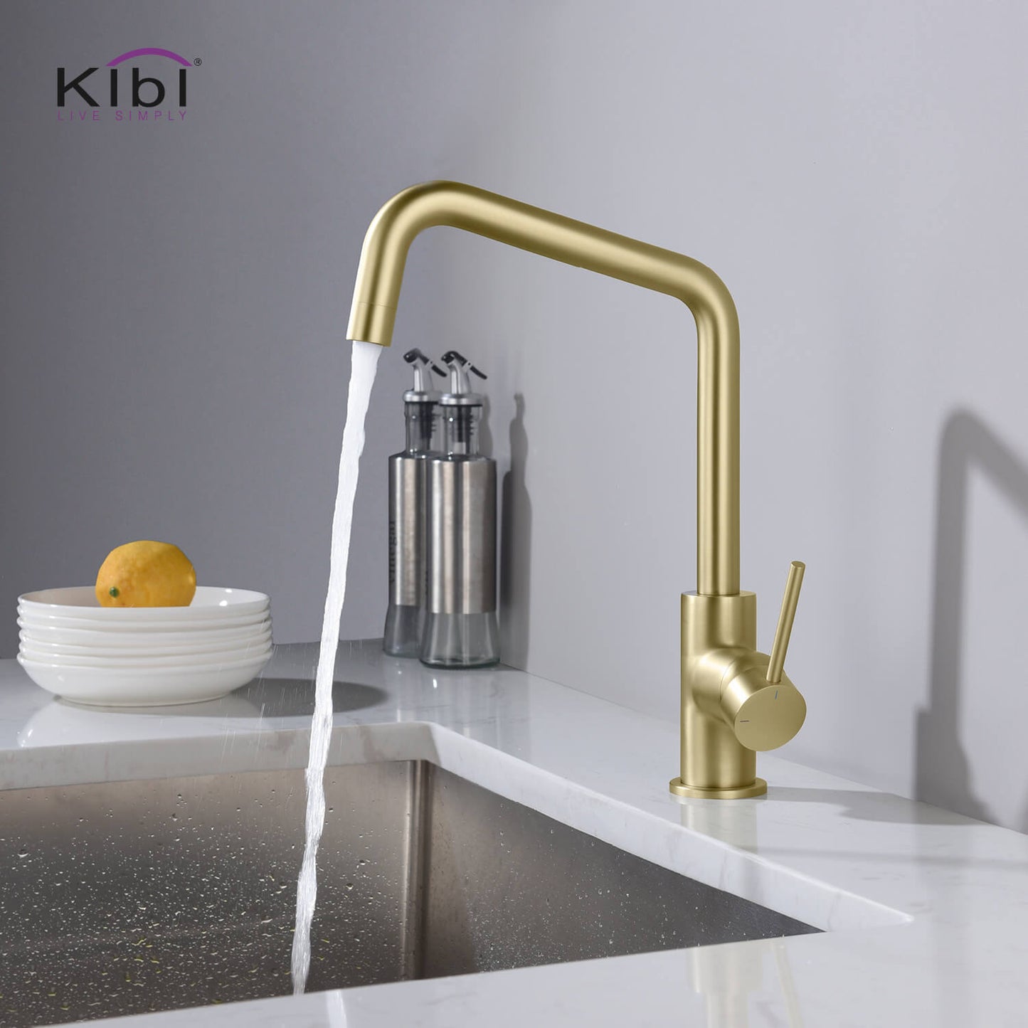 Kibi Macon Single Handle High Arc Kitchen Bar Sink Faucet With Soap Dispenser in Brushed Gold Finish