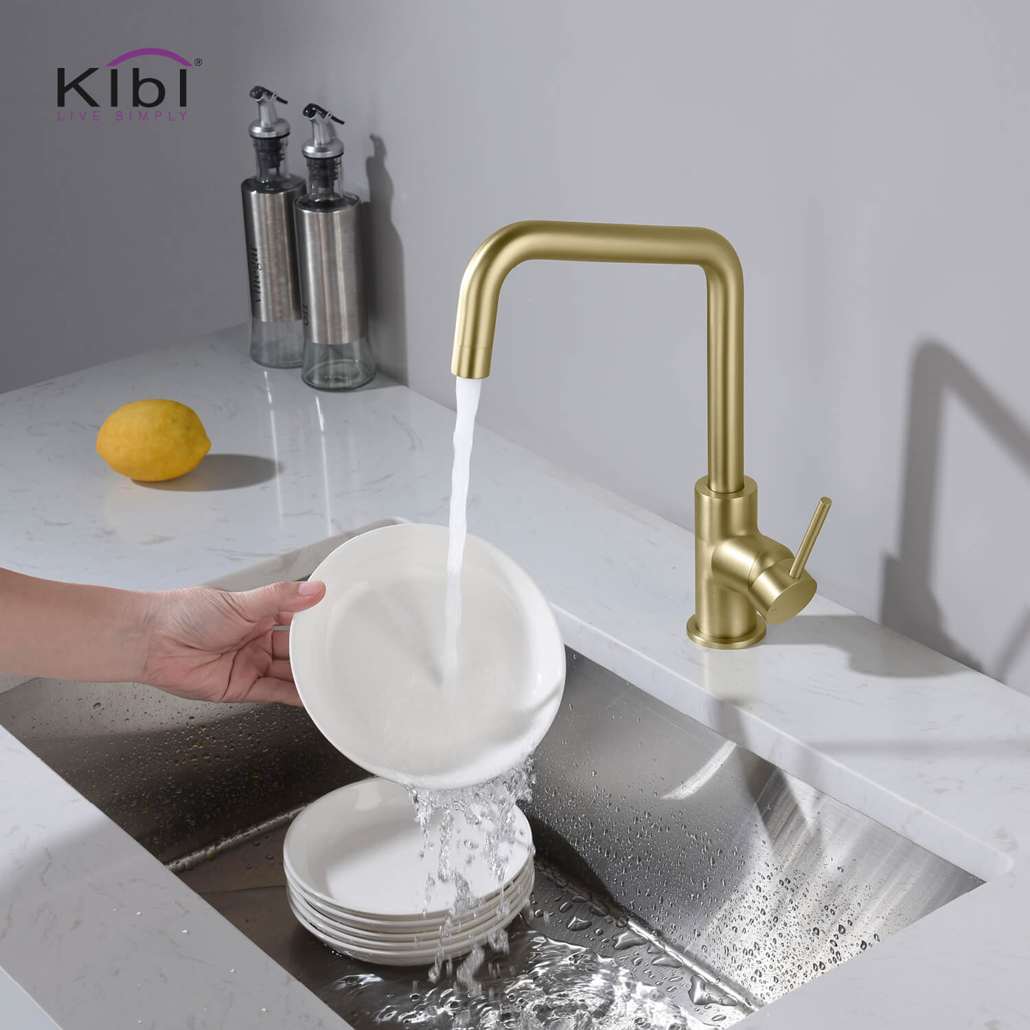 Kibi Macon Single Handle High Arc Kitchen Bar Sink Faucet With Soap Dispenser in Brushed Gold Finish