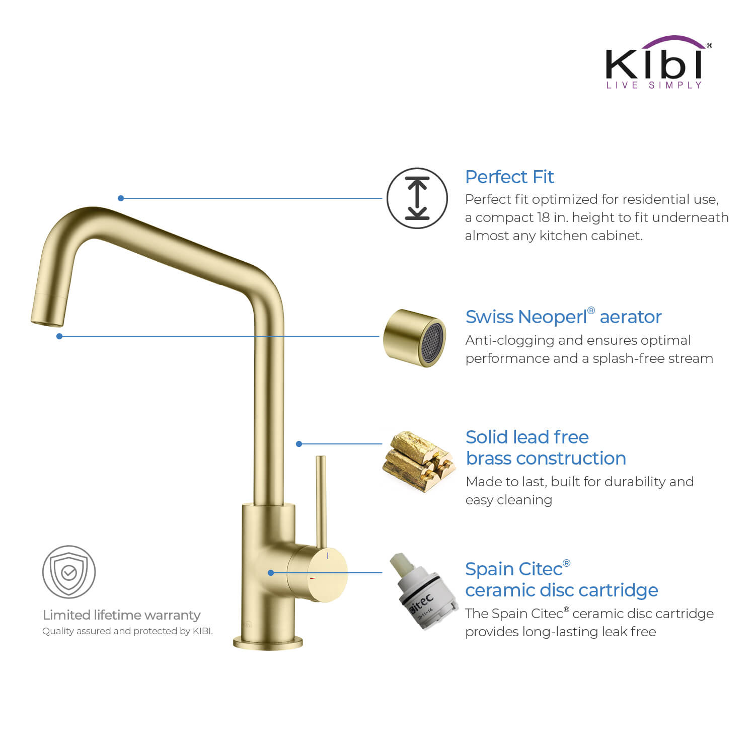 Kibi Macon Single Handle High Arc Kitchen Bar Sink Faucet With Soap Dispenser in Brushed Gold Finish