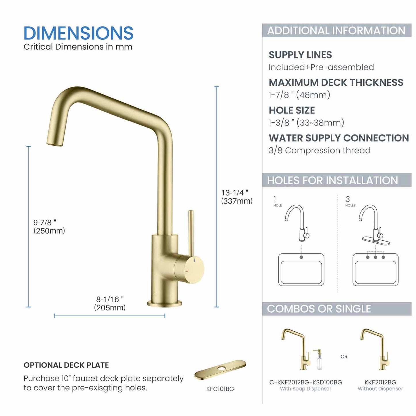 Kibi Macon Single Handle High Arc Kitchen Bar Sink Faucet With Soap Dispenser in Brushed Gold Finish