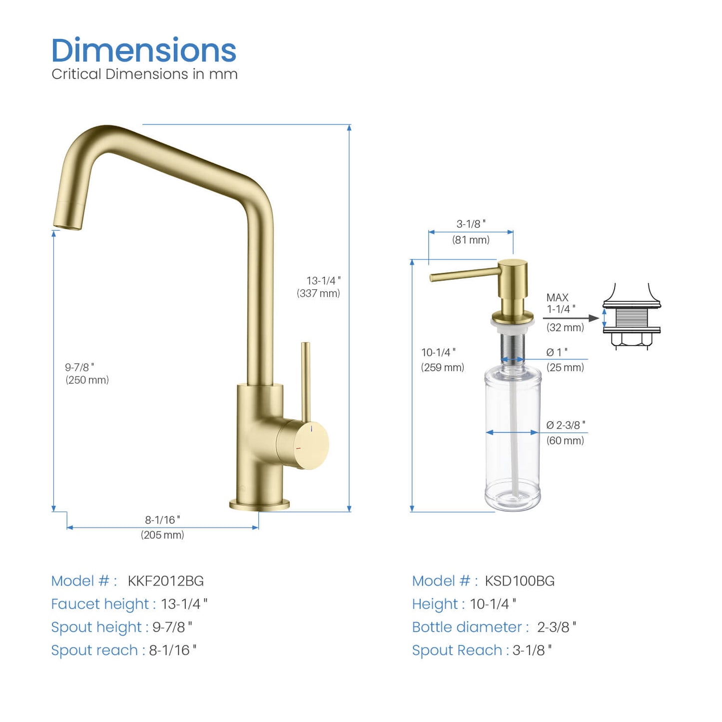 Kibi Macon Single Handle High Arc Kitchen Bar Sink Faucet With Soap Dispenser in Brushed Gold Finish