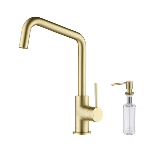 Kibi Macon Single Handle High Arc Kitchen Bar Sink Faucet With Soap Dispenser in Brushed Gold Finish