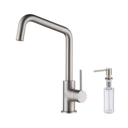 Kibi Macon Single Handle High Arc Kitchen Bar Sink Faucet With Soap Dispenser in Brushed Nickel Finish