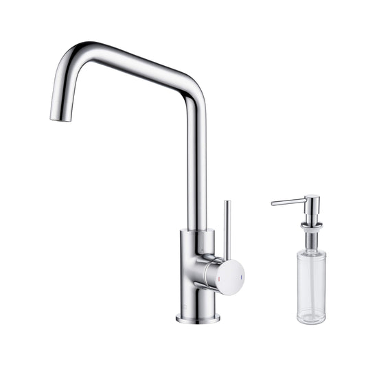 Kibi Macon Single Handle High Arc Kitchen Bar Sink Faucet With Soap Dispenser in Chrome Finish