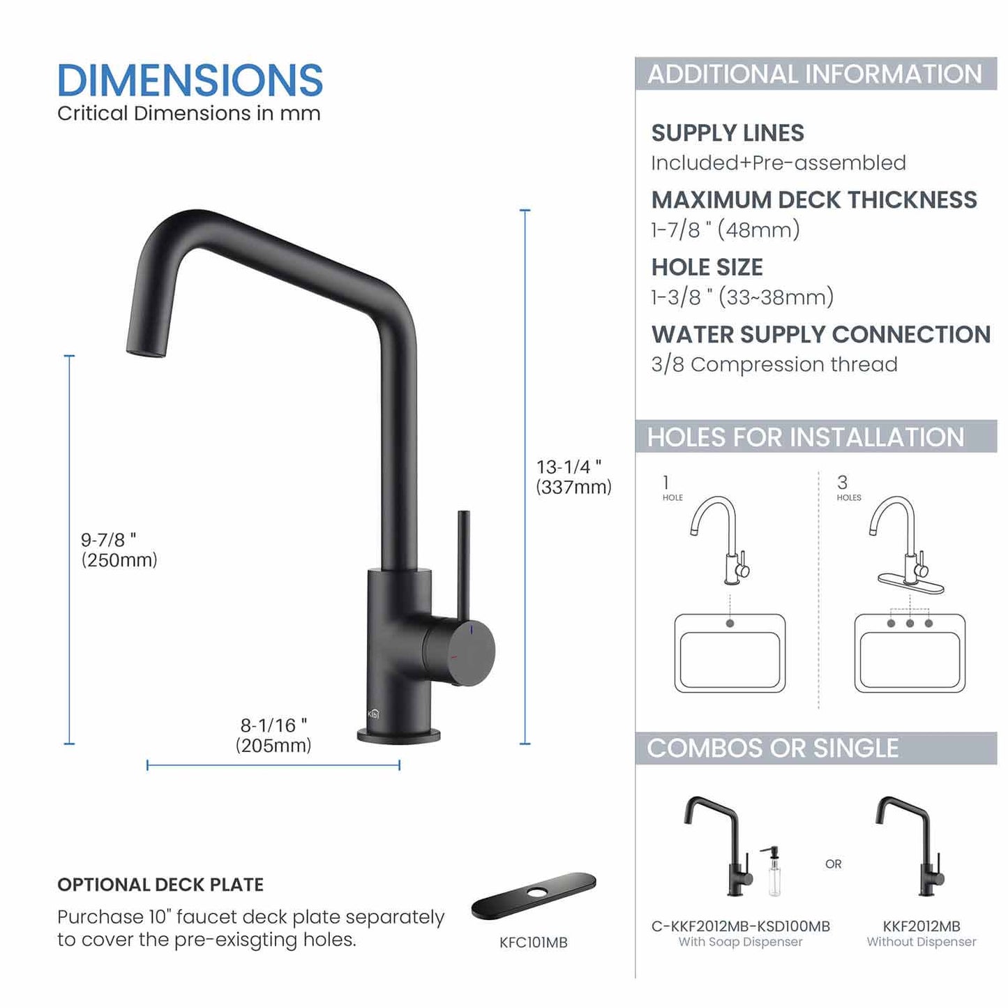 Kibi Macon Single Handle High Arc Kitchen Bar Sink Faucet in Matte Black Finish