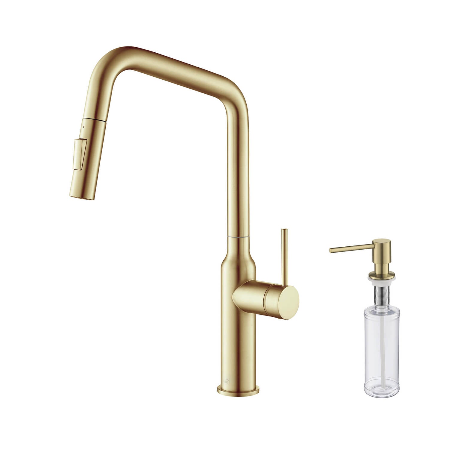 Kibi Macon Single Handle High Arc Pull Down Kitchen Faucet With Soap Dispenser in Brushed Gold Finish