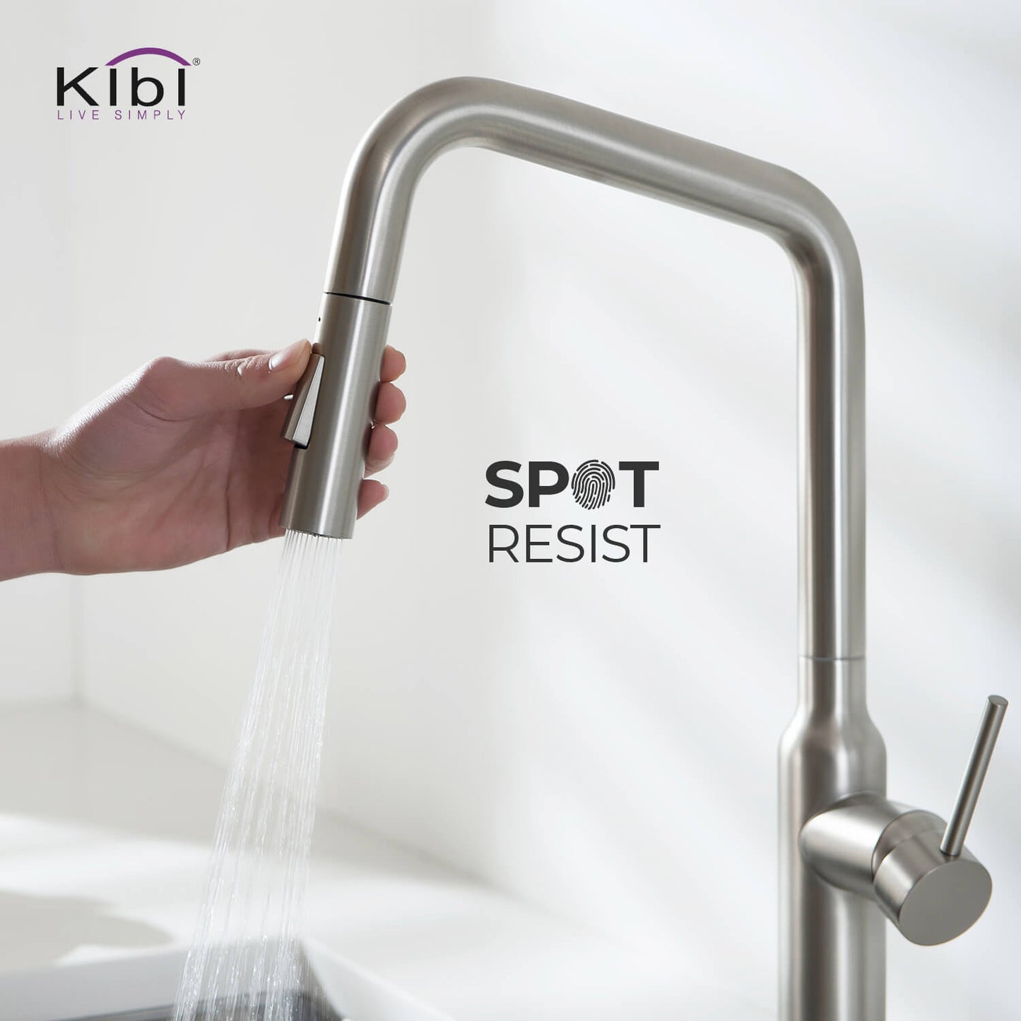 Kibi Macon Single Handle High Arc Pull Down Kitchen Faucet With Soap Dispenser in Brushed Nickel Finish
