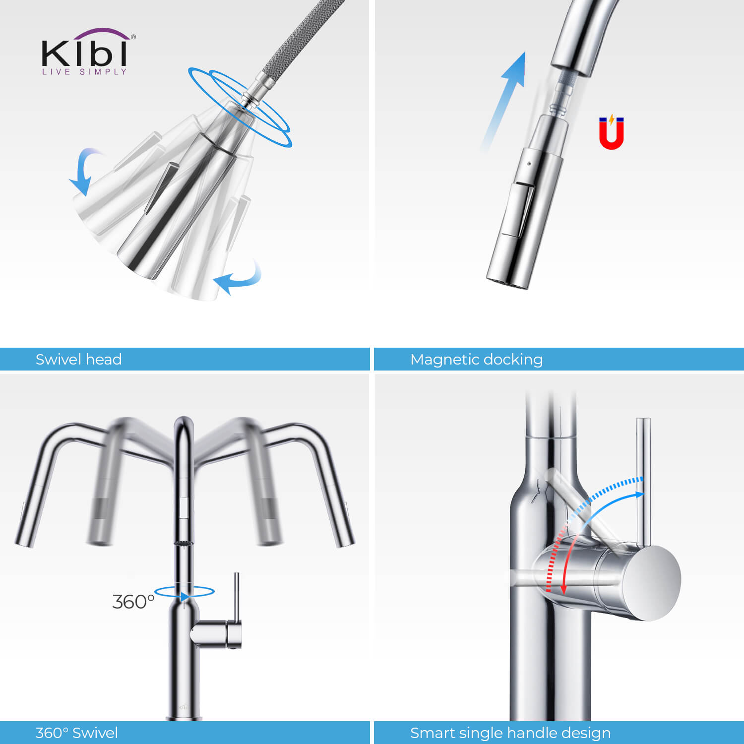 Kibi Macon Single Handle High Arc Pull Down Kitchen Faucet With Soap Dispenser in Chrome Finish