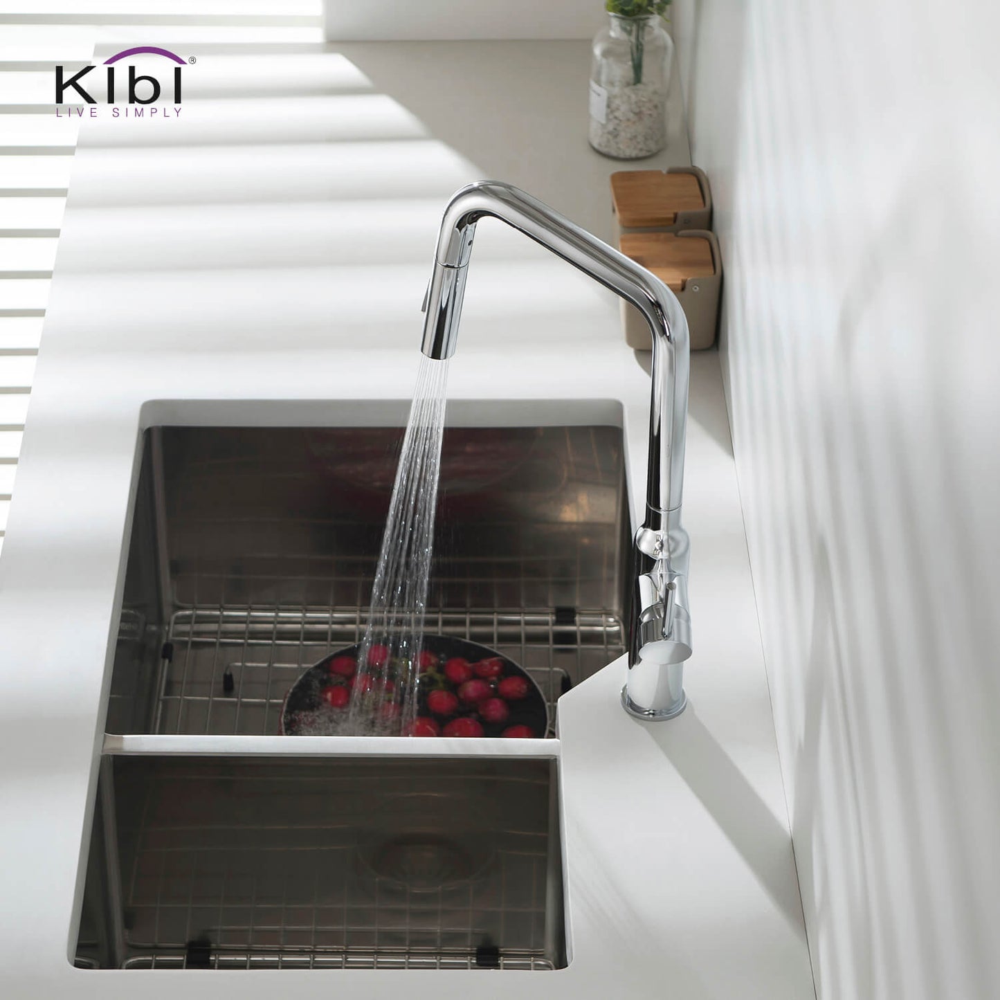 Kibi Macon Single Handle High Arc Pull Down Kitchen Faucet With Soap Dispenser in Chrome Finish