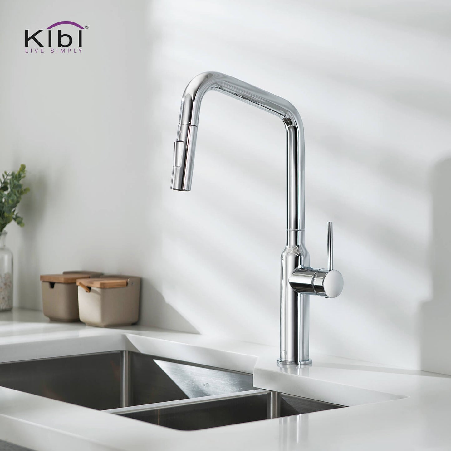 Kibi Macon Single Handle High Arc Pull Down Kitchen Faucet With Soap Dispenser in Chrome Finish