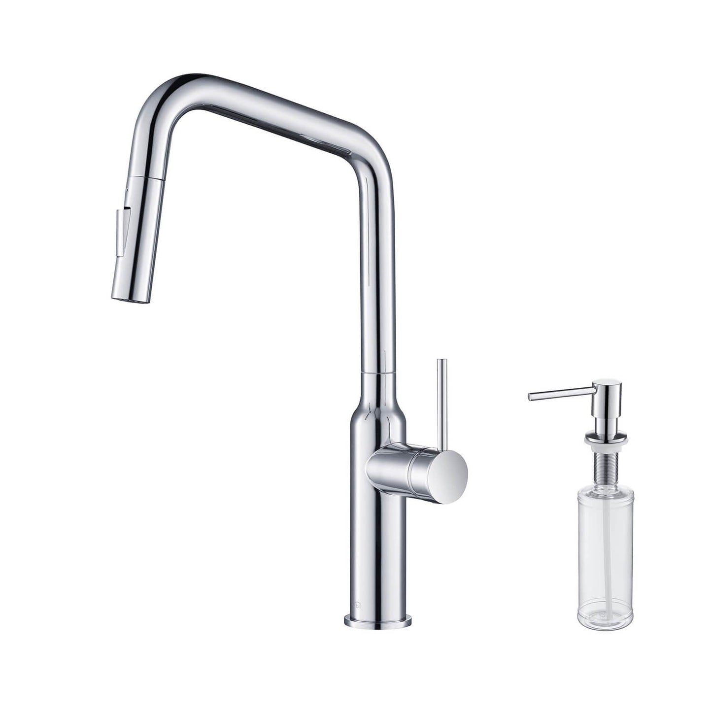 Kibi Macon Single Handle High Arc Pull Down Kitchen Faucet With Soap Dispenser in Chrome Finish