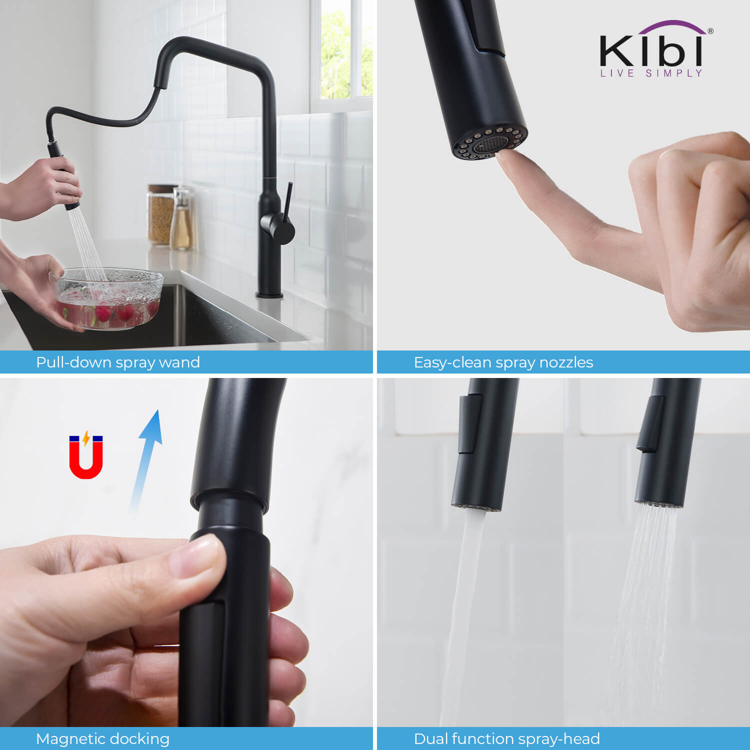 Kibi Macon Single Handle High Arc Pull Down Kitchen Faucet With Soap Dispenser in Matte Black Finish