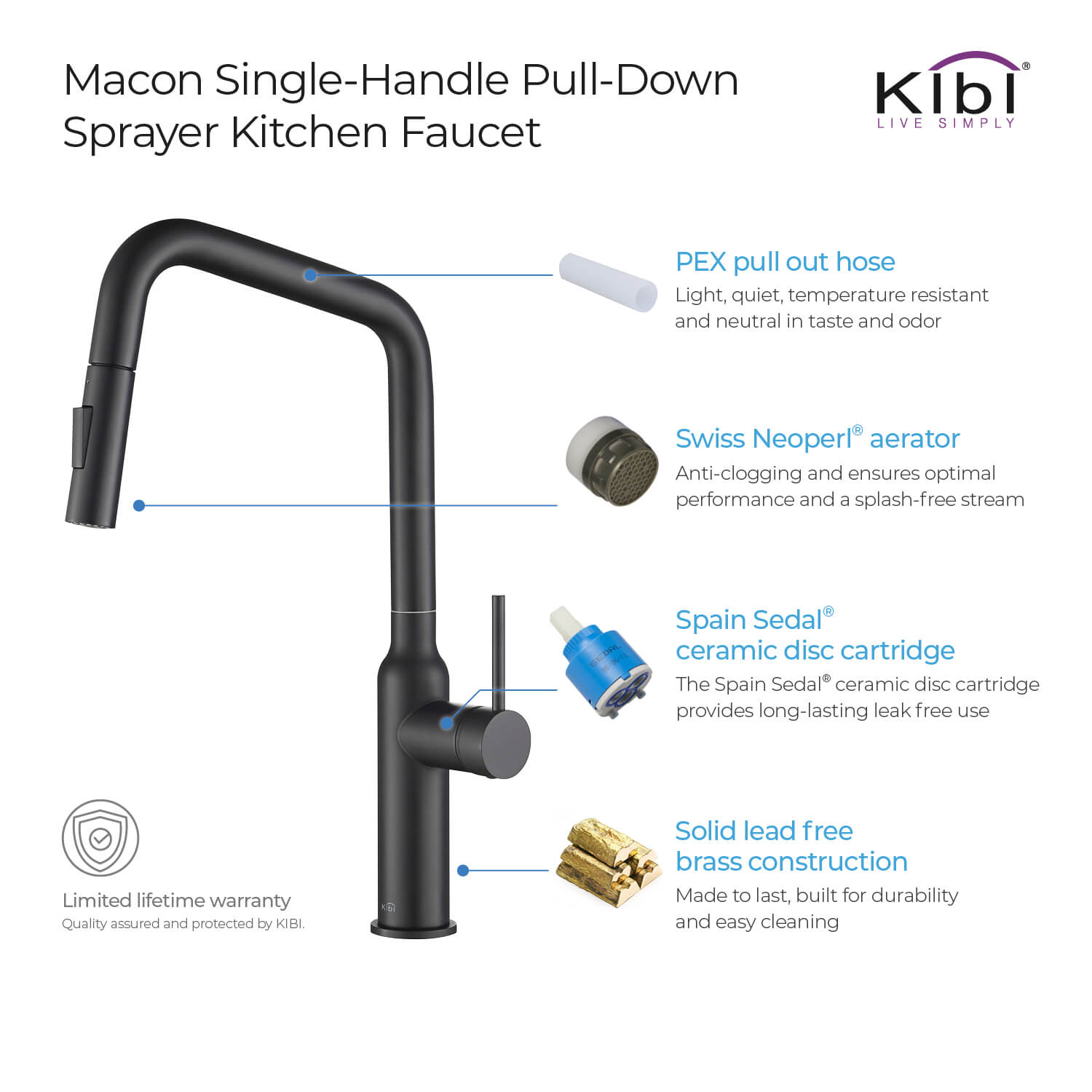 Kibi Macon Single Handle High Arc Pull Down Kitchen Faucet With Soap Dispenser in Matte Black Finish