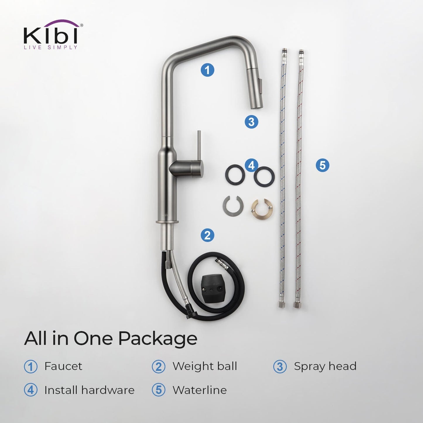 Kibi Macon Single Handle High Arc Pull Down Kitchen Faucet With Soap Dispenser in Titanium Finish