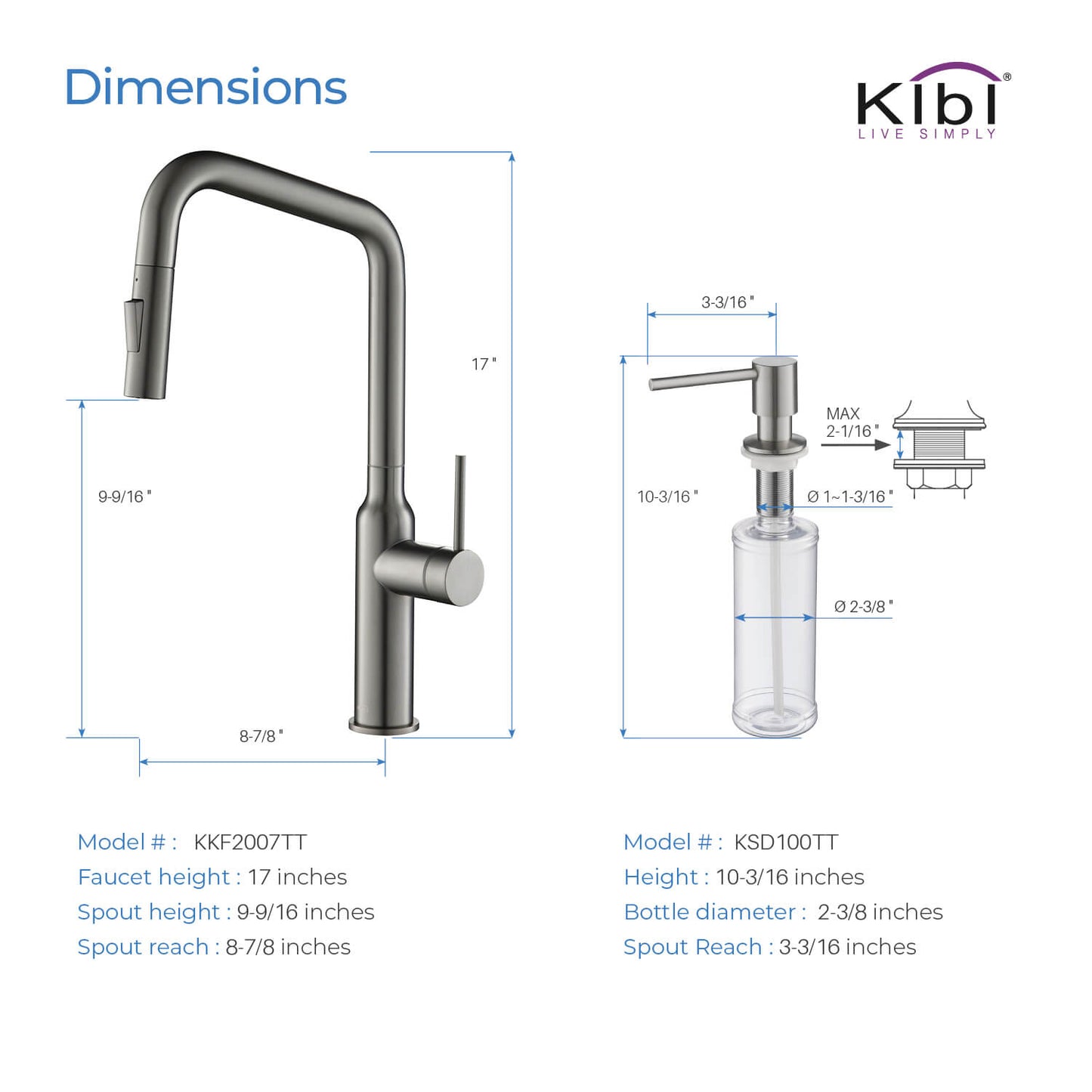 Kibi Macon Single Handle High Arc Pull Down Kitchen Faucet With Soap Dispenser in Titanium Finish