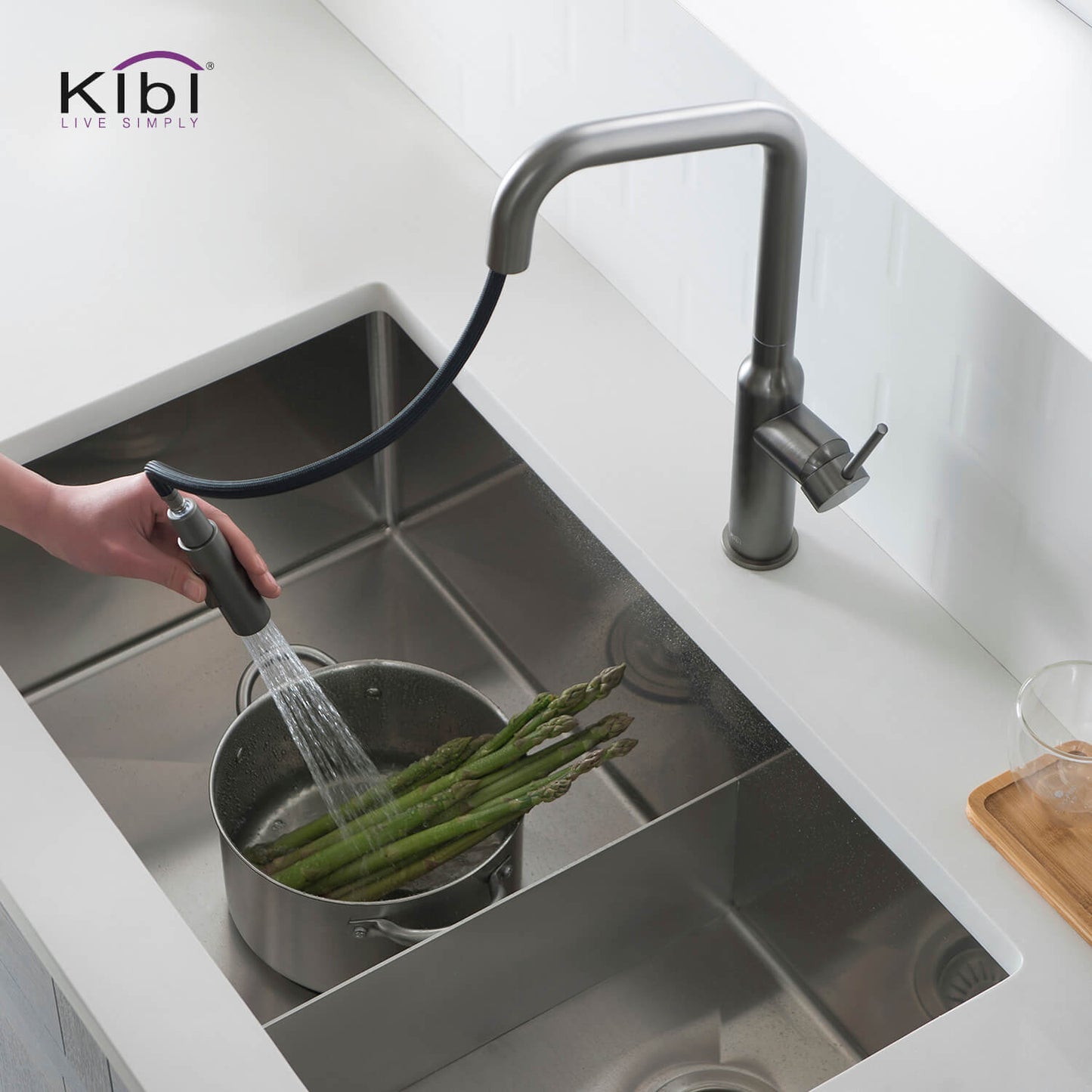 Kibi Macon Single Handle High Arc Pull Down Kitchen Faucet With Soap Dispenser in Titanium Finish