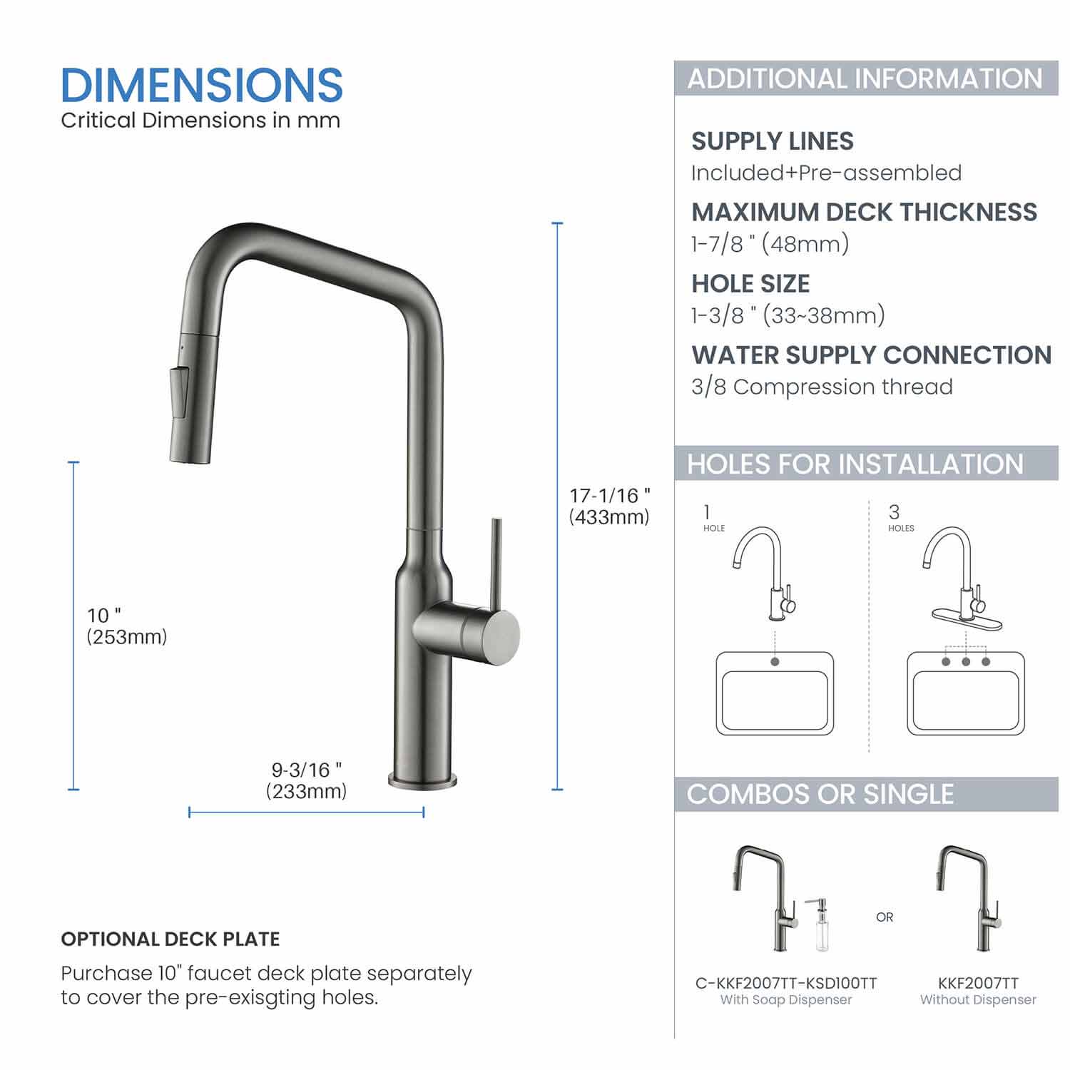 Kibi Macon Single Handle High Arc Pull Down Kitchen Faucet With Soap Dispenser in Titanium Finish