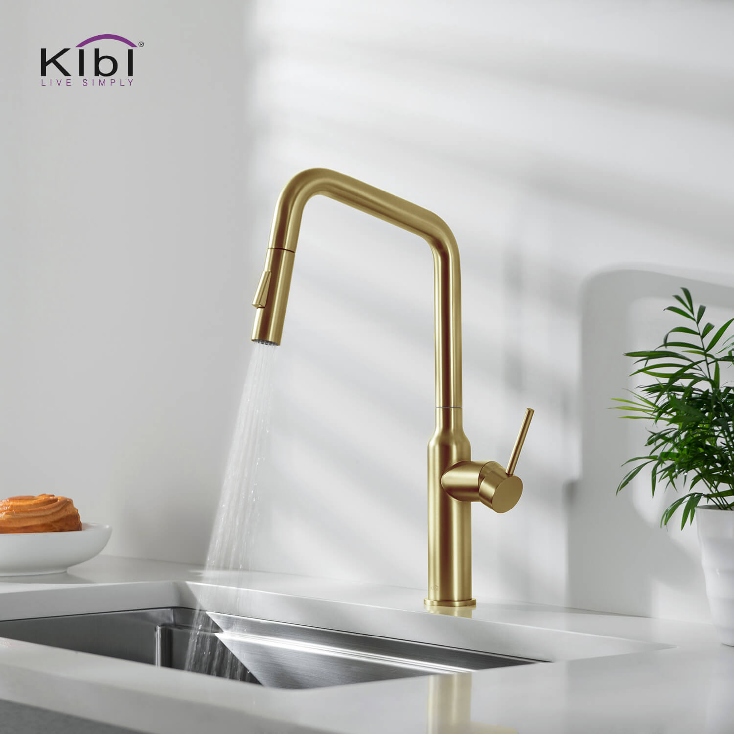 Kibi Macon Single Handle High Arc Pull Down Kitchen Faucet in Brushed Gold Finish