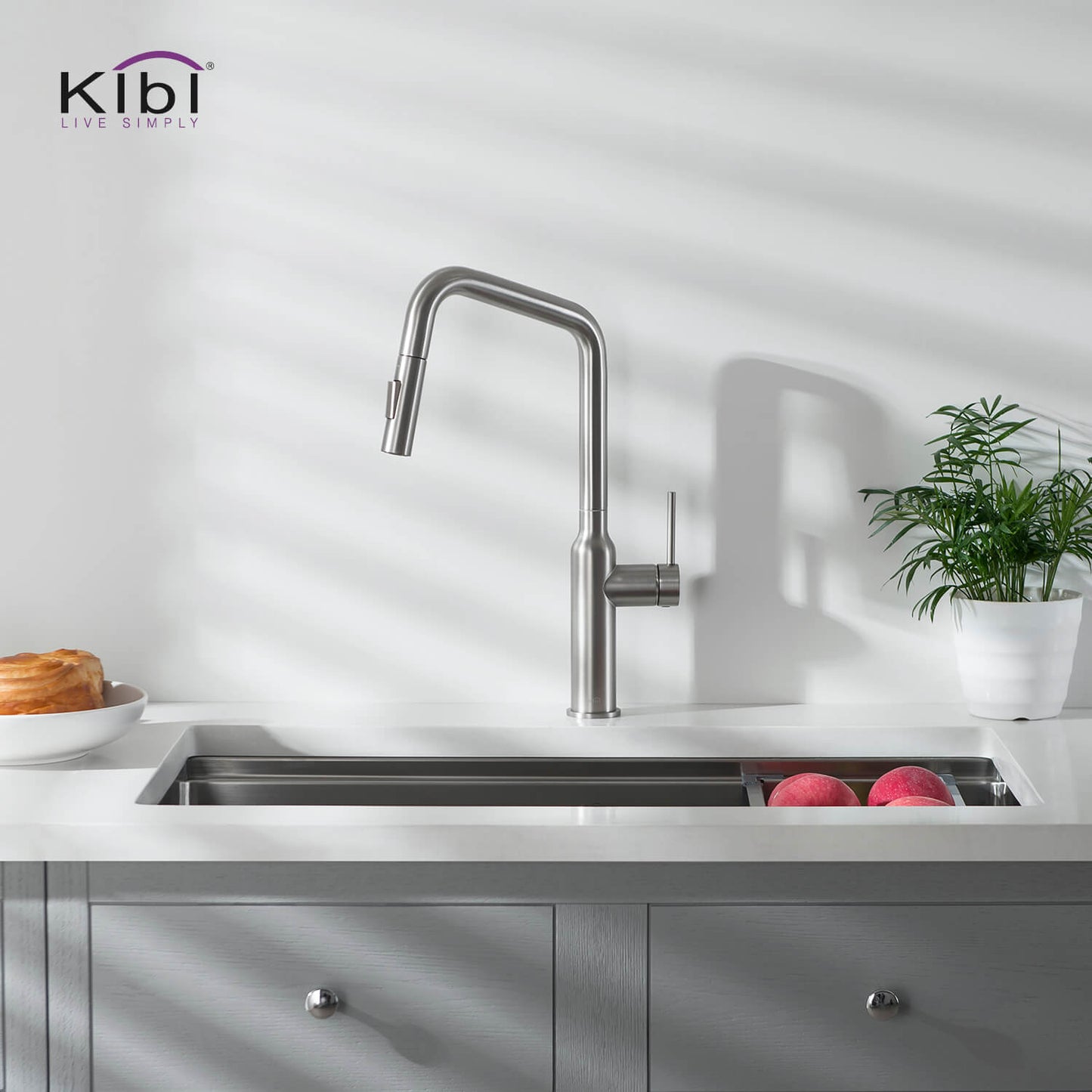Kibi Macon Single Handle High Arc Pull Down Kitchen Faucet in Brushed Nickel Finish