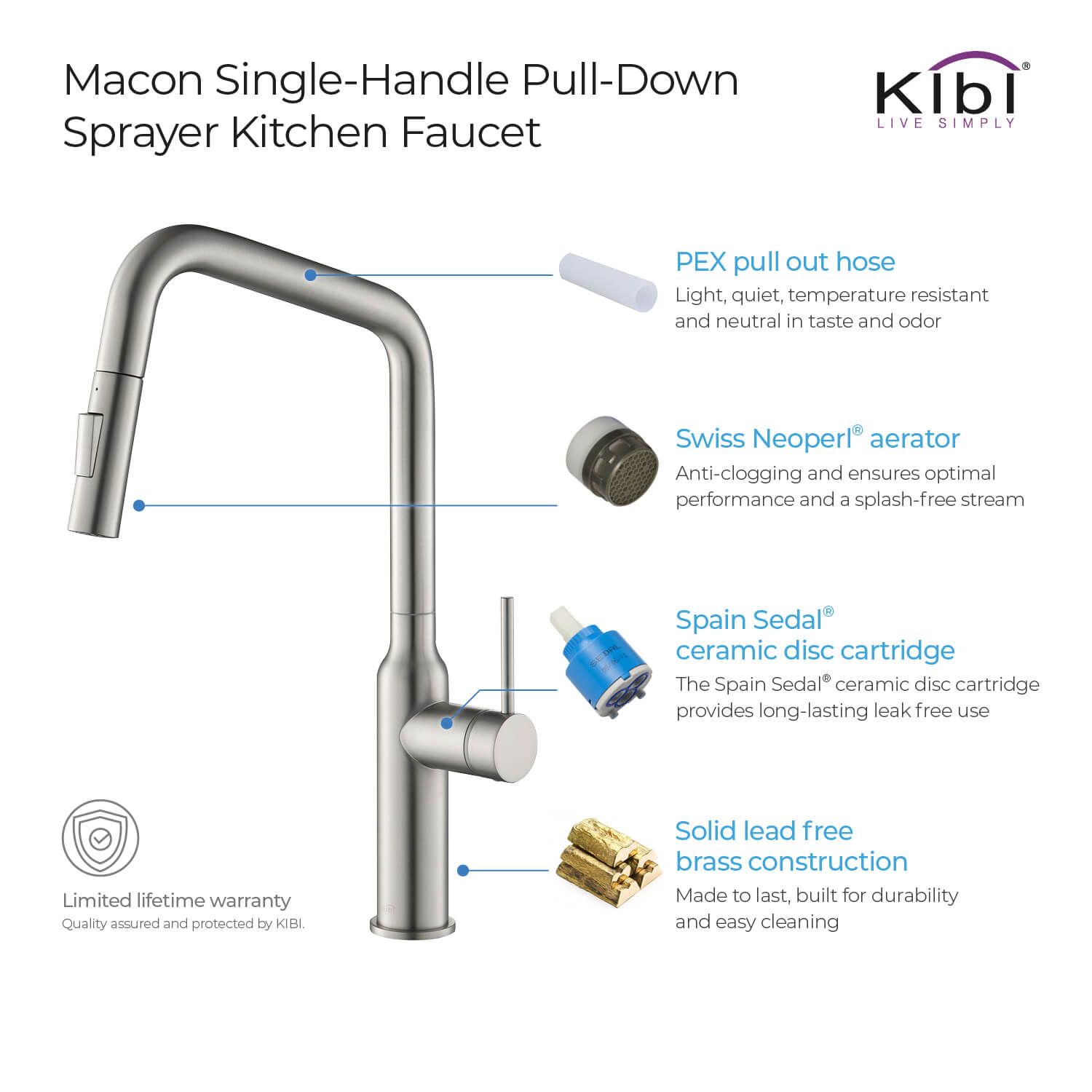 Kibi Macon Single Handle High Arc Pull Down Kitchen Faucet in Brushed Nickel Finish