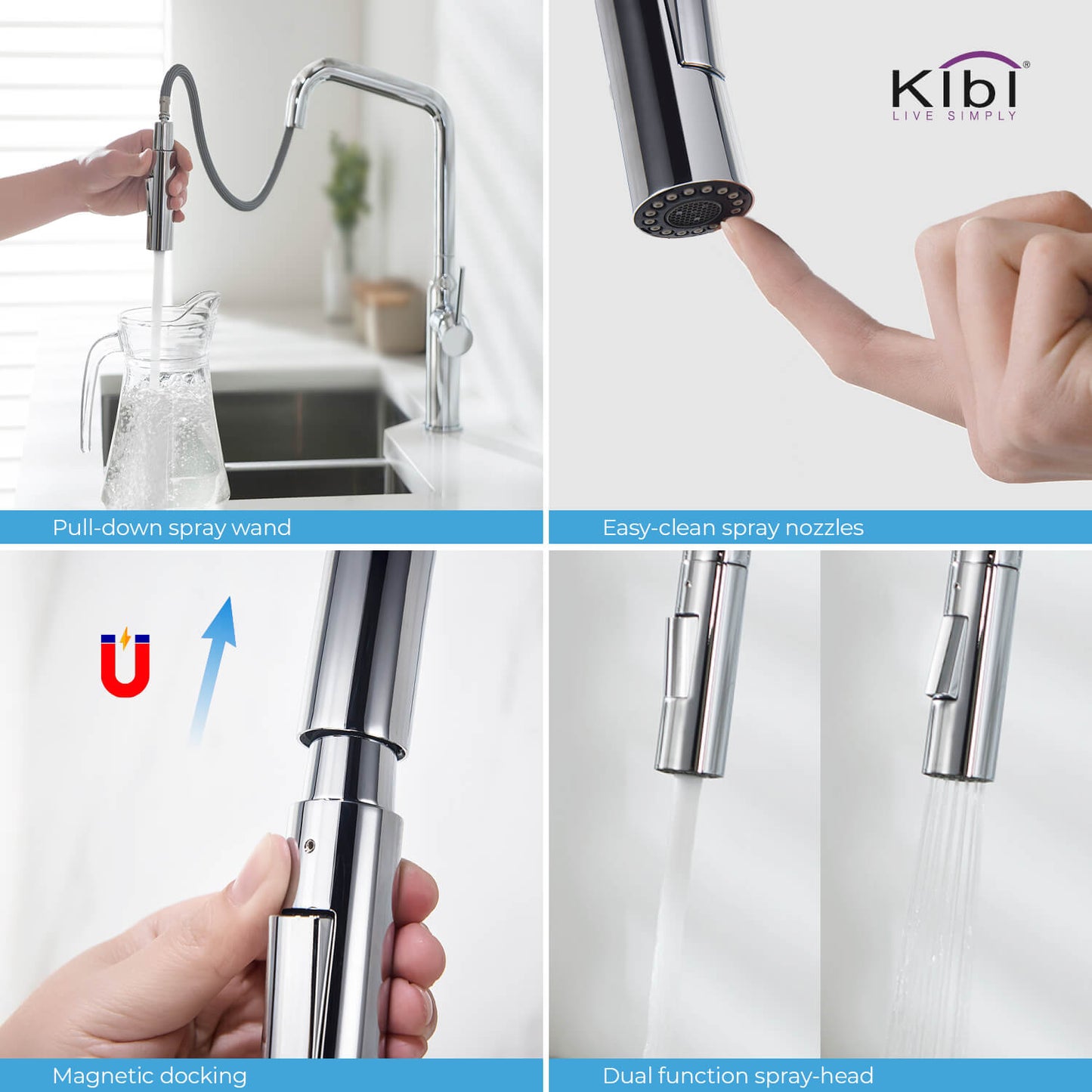 Kibi Macon Single Handle High Arc Pull Down Kitchen Faucet in Chrome Finish