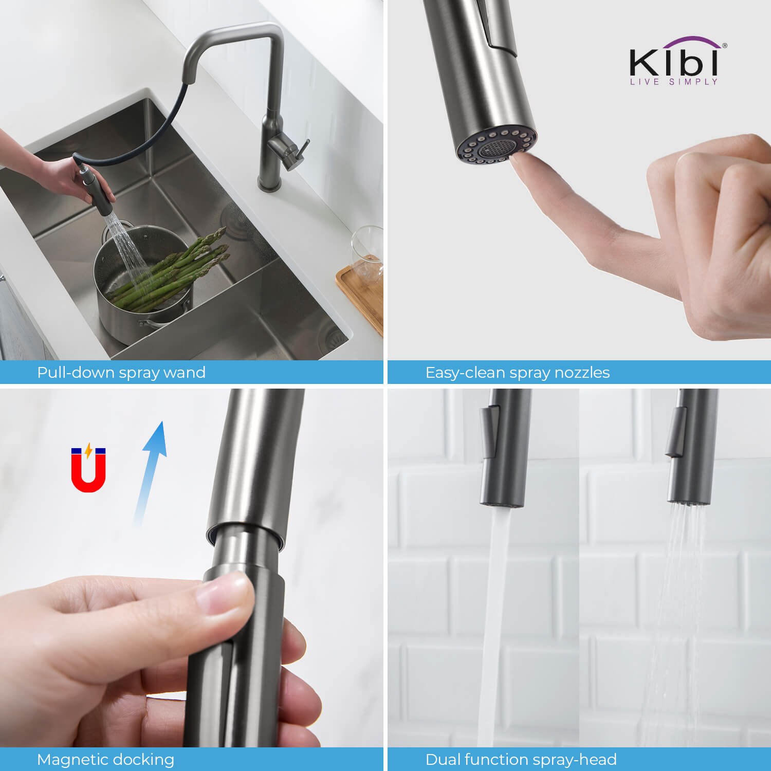 Kibi Macon Single Handle High Arc Pull Down Kitchen Faucet in Titanium Finish