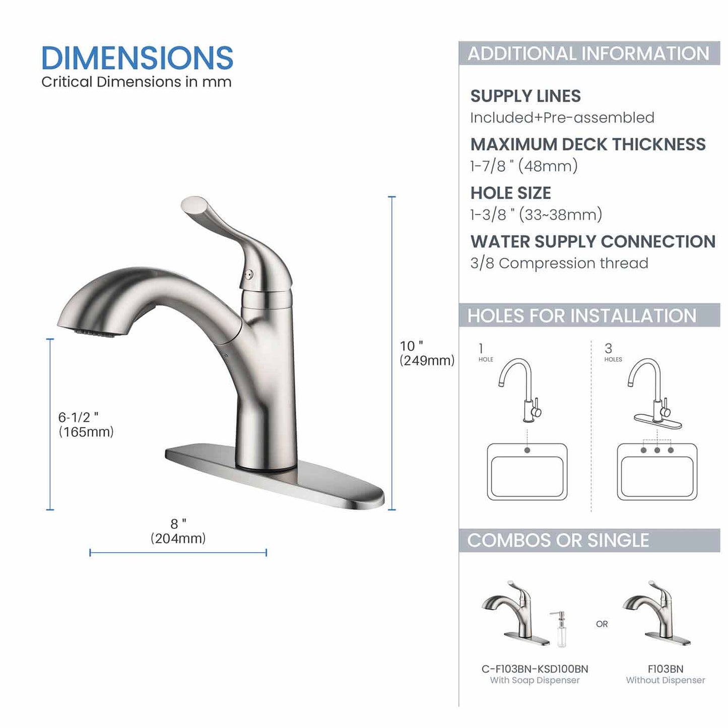 Kibi Single Handle Pull Down Kitchen Faucet In Brushed Nickel Finish