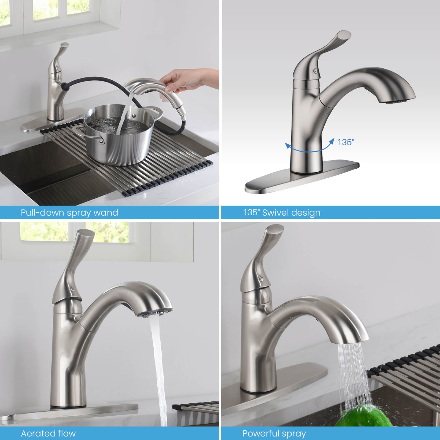 Kibi Single Handle Pull Down Kitchen Faucet In Brushed Nickel Finish